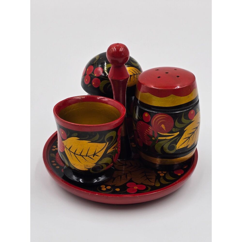 Khokhloma Russian Hand Painted Salt & Pepper Shaker on Trivet w/ Cup Vintage
